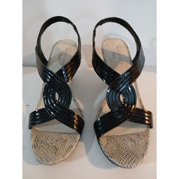 Anne Klein Iflex Black Faux Snake Skin Wedge Pump Womens 8.5 M Open Toe Pretty - Picture 1 of 16